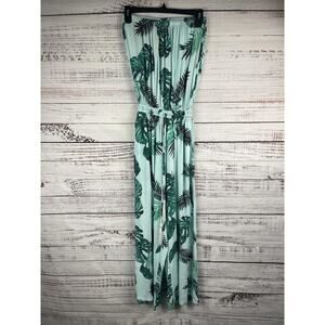 Lani Lau Jumpsuit Women's Small Green Leaf Print Strapless Wide Leg Pockets Boho